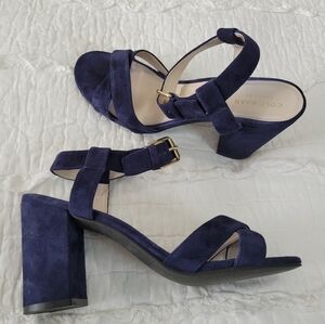Cole Haan Kadi Blue Suede Block Heel Sandals  7 NWOT Ankle Strap Gold Hardware